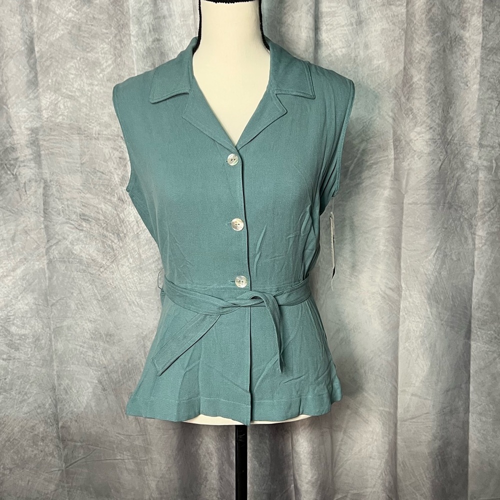 Utility 100% Silk Teal Sleeveless Button-Up Women's Top with Belt